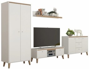 Camera de zi Providence D119Stejar deschis San Remo, Mat alb, Părți separate, Cu comodă tv, PAL laminat, 206x52cm, 151 kg