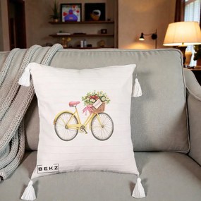 Perna Decorativa Bicicleta Galbena cu Cos de Flori Primavara, 40x40 cm, Bej cu Franjuri, Husa Detasabila, Perna Inclusa, BEKZ®