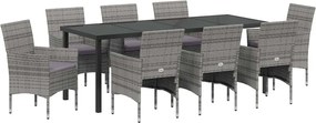 vidaXL Set de masă pentru grădină cu pernă 9 pcs Gri poliratan