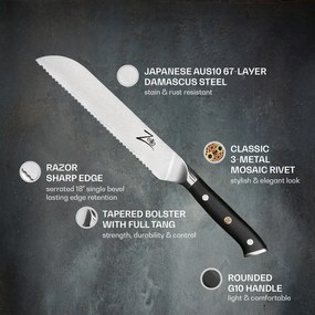 Seria japoneză Alpha-Royal, cuțit pentru pâine 8”, 18° margine zimțată, oțel damasc