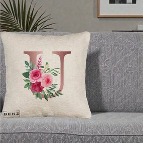 Cadou Personalizat - Perna Personalizata Monograma Rose Gold Litera U, 40x40 cm, Bej Canapea, Husa Detasabila, Perna Inclusa, BEKZ®