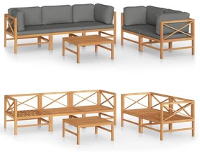 Set mobilier gradina cu perne gri, 6 piese, lemn masiv de tec Gri, 4x colt + mijloc + masa, 1