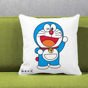 Perna Personalizata Doraemon Salutand, 40x40 cm, Alba Mata, Husa Detasabila, Perna Inclusa, BEKZ®