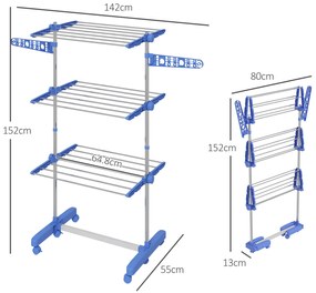 HOMCOM Uscător de Rufe Pliabil Vertical, Extensibil Tip Turn cu 6 Roți, Cârlige și 3 Rafturi, 142x55x152 cm, Albastru | Aosom Romania