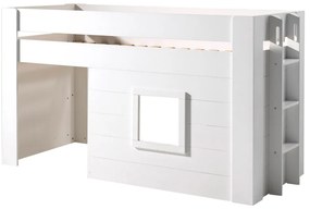Pat median pentru copii NOAH, alb, 90 x 200 cm, MDF lăcuit, spațiu multifuncțional sub pat, scară și fereastră montabile pe stânga sau dreapta –