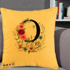 Cadou Personalizat - Perna Personalizata Monogram Litera O cu Flori Acuarela, 40x40 cm, Galben, Husa Detasabila, Perna Inclusa, BEKZ®