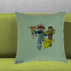 Perna Personalizata Pokemon Ash Misty Brock si Pikachu, 40x40 cm, Verde, Husa Detasabila, Perna Inclusa, BEKZ®