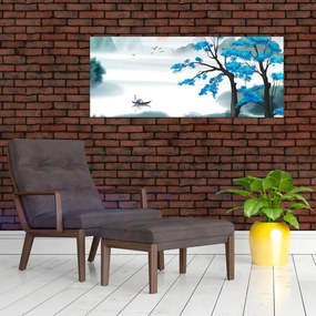 Tablou - Pictură, lac cu barcă (120x50 cm)