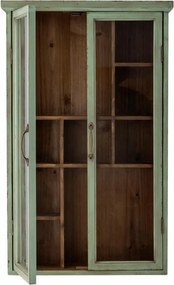 Vitrină mică de perete vintage shabby chic din lemn, verde, cu 2 uși vitrate, 6 rafturi și 9 compartimente, 80 x 50 x 13,5 cm, „Hazem”
