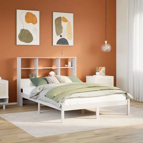 vidaXL Pat cu bibliotecă fără saltea, alb, 140x200 cm, lemn masiv pin