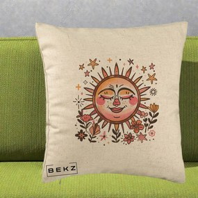 Perna Decorativa Soare Retro Boho Floral, 40x40 cm, Bej, Husa Detasabila, Perna Inclusa, BEKZ®