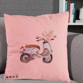 Perna Decorativa Scuter Albastru cu Flori Acuarela, 40x40 cm, Roz, Husa Detasabila, Perna Inclusa, BEKZ®