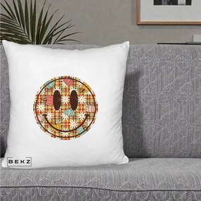 Perna Decorativa Smiley Face de Toamna cu Tartan si Dovlecei, 40x40 cm, Alb Pufos, Husa Detasabila, Perna Inclusa, BEKZ®