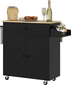 HOMCOM Insulă de Bucătărie cu Ala Rabatabilă 2 Uși Sertar Suport pentru Condimente Bară de Agățat Șervețel și Raft Reglabil 106x42x87 cm Negru și Stejar | Aosom Romania