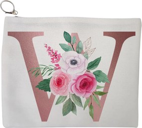 Portfard Cosmetice tip Plic, Cu litera W Rose Gold si Trandafiri, 23x18 cm, Alb, BEKZ®