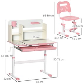 HOMCOM Birou și Scaun pentru Copii cu Vârsta de +3 Ani cu Înălțime Reglabilă și Masă Înclinabilă 80x52x88-109 cm și 35,5x44,5x66-80 cm Roz | Aosom Romania