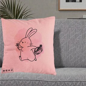 Perna Decorativa Iepuras Kawaii cu Cosulet Floral, 40x40 cm, Roz, Husa Detasabila, Perna Inclusa, BEKZ®