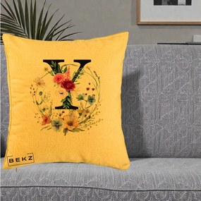 Cadou Personalizat - Perna Personalizata Monograma Florala Litera Y cu Coroana, 40x40 cm, Galben, Husa Detasabila, Perna Inclusa, BEKZ®