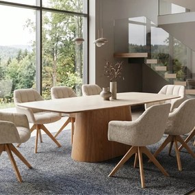 Masa dining Ceramica travertin, Furnir stejar, UNIQUE 200cm