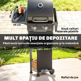 Outsunny Grătar pe Gaz Protan cu 2 Arzătoare, Portabil, Termometru, Negru | Aosom Romania