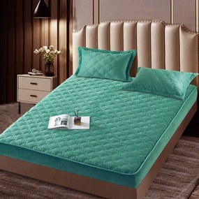 Husa de pat matlasata si 2 fete de perne din catifea, cu elastic, model tip topper, pentru saltea 140x200 cm, turquoise, HTC-28