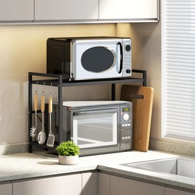 HOMCOM Suport extensibil pentru cuptor cu microunde pe 2 niveluri cu 3 cârlige, din metal, negru | Aosom Romania