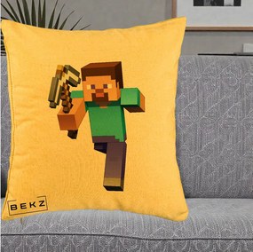 Perna Personalizata Minecraft Steve, 40x40 cm, Galben, Husa Detasabila, Perna Inclusa, BEKZ®
