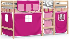 vidaXL Pat etajat de copii cu perdele, roz, 90x190 cm, lemn masiv pin