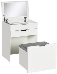 HOMCOM Masa de toaleta pentru dormitor cu oglinda si scaun asortat, masa de machiaj cu compartiment ascuns si sertar din lemn, alb | Aosom Romania