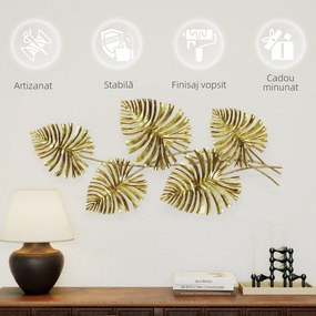HOMCOM Artă Murală cu 5 Frunze de Monstera și Accesorii pentru Montaj Incluse, Decorațiuni Murale din Metal, 83x2.5x39 cm, culoare Aurie | Aosom Romania