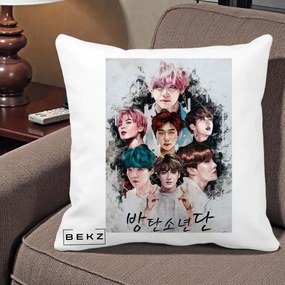 Perna Personalizata K-pop BTS Bangtan Boys Poster Artistic Negru Alb, 40x40 cm, Alba Mata, Husa Detasabila, Perna Inclusa, BEKZ®