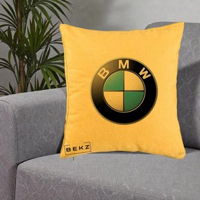 Perna Personalizata cu emblema BMW, 40x40 cm, Galben, Husa Detasabila, Perna Inclusa, BEKZ®