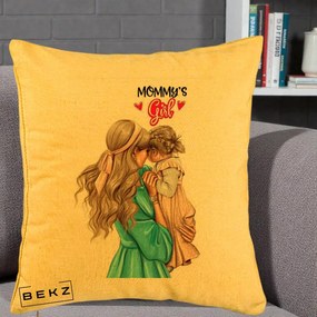Cadou pentru Mama - Perna Personalizata Mommy's Girl Mama si Fetita, 40x40 cm, Galben, Husa Detasabila, Perna Inclusa, BEKZ®