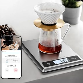 Cântar de bucătărie inteligent RENPHO Calibra 1, până la 5 kg, 20 de funcții de analiză, sincronizare cu aplicații mobile, funcție TARE, mod „cafea”, sticlă călită, culoare argintie