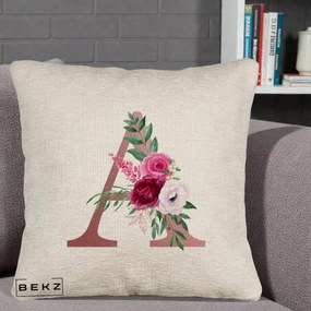 Cadou Personalizat - Perna Personalizata Monograma Rose Gold Litera A, 40x40 cm, Bej Canapea, Husa Detasabila, Perna Inclusa, BEKZ®
