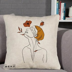 Perna Decorativa Portret Feminin Mac Privire Inalta, 40x40 cm, Bej Canapea, Husa Detasabila, Perna Inclusa, BEKZ®