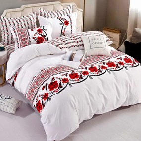 Lenjerie de pat cu elastic, tesatura tip finet, pat 2 persoane, alb / rosu, 6 piese, FNJE-77