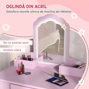 ZONEKIZ Set Toaletă pentru Copii cu Oglindă pentru Machiaj și Scaunel din Lemn Roz | Aosom Romania
