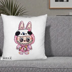 Perna Personalizata Labubu Panda-Bunny Roz, 40x40 cm, Alb Pufos, Husa Detasabila, Perna Inclusa, BEKZ®