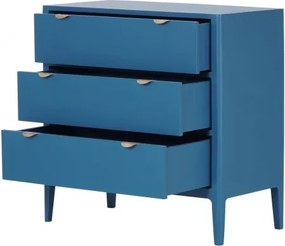 Comodă cu 3 sertare mid century, din lemn de pin, albastru, cu picioare de lemn și mânere metalice semirotunde, 90 x 90 x 45 cm, „Ernest”