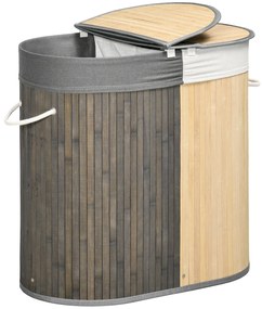 HOMCOM Cos de rufe din bambus 100L cu 2 sectiuni, capac si sac detasabil 62,5 x 37 x 60,5 cm - gri | Aosom Romania