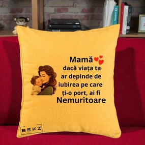 Cadou pentru Mama - Perna Personalizata Mama Nemuritoare cu Bebelus Lineart, 40x40 cm, Galben, Husa Detasabila, Perna Inclusa, BEKZ®