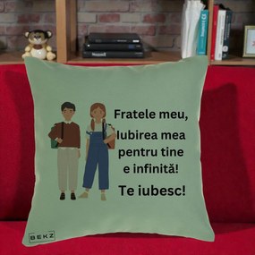 Cadou pentru Frate - Perna Personalizata Fratele Meu Te Iubesc Elevi Ilustratie Colorata, 40x40 cm, Verde, Husa Detasabila, Perna Inclusa, BEKZ®