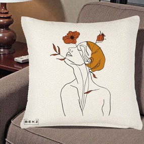 Perna Decorativa Portret Feminin Mac Privire Inalta, 40x40 cm, Crem Reliefat, Husa Detasabila, Perna Inclusa, BEKZ®