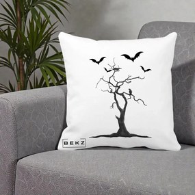 Perna Decorativa Halloween Copac cu Lilieci Alb-Negru, 40x40 cm, Alba Mata, Husa Detasabila, Perna Inclusa, BEKZ®