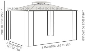 Outsunny Pavilion gradina 3.7x3mPergola cu acoperis rigid din policarbonat din cadru metalic cu acoperis dublu pentru gradina, veranda, Maro