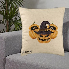 Perna Decorativa Trio Dovleci Jack-o-Lantern cu Palarie Vrajitoare, 40x40 cm, Bej, Husa Detasabila, Perna Inclusa, BEKZ®