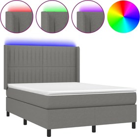 vidaXL Pat cu arcuri, saltea și LED, gri închis, 140x190 cm, textil