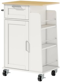 Cărucior de Bucătărie HOMCOM cu Sertar, Dulap, Suport pentru Prosoape și 3 Suporturi pentru Condimente, din Lemn, 62x40x87 cm, Alb | Aosom Romania