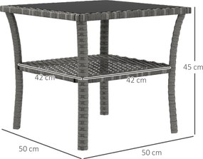 Outsunny Masă de grădină din polyrattan, 50 x 50 x 45 cm, măsuță rezistentă la intemperii pentru 4 persoane, pătrată cu raft și blat din sticlă | Aosom Romania